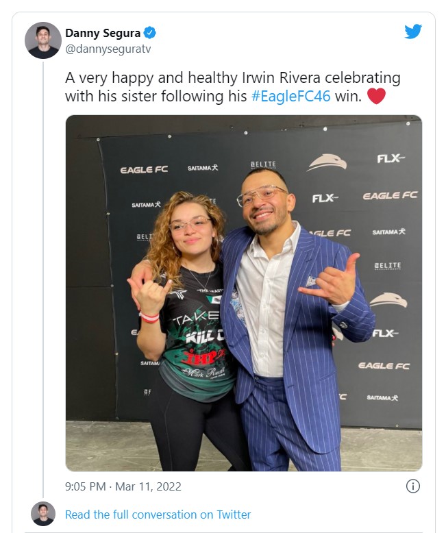 Un Irwin Rivera muy feliz y saludable celebrando con su hermana después de su victoria en #EagleFC46.